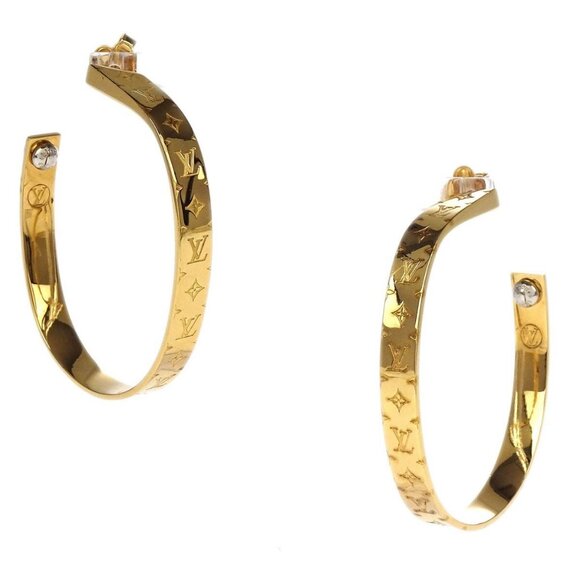 Louis Vuitton Nanogram Hoop Piercing Earrings Gold M00220 LE0196 195587 - Picture 1 of 4